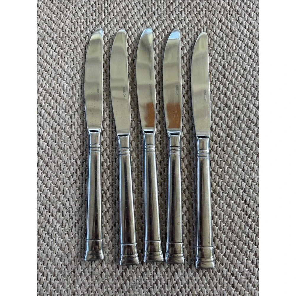 Oneida Set Of 5 Sunnybrook Dinner Knives Stainless Glossy  Bands At Tip